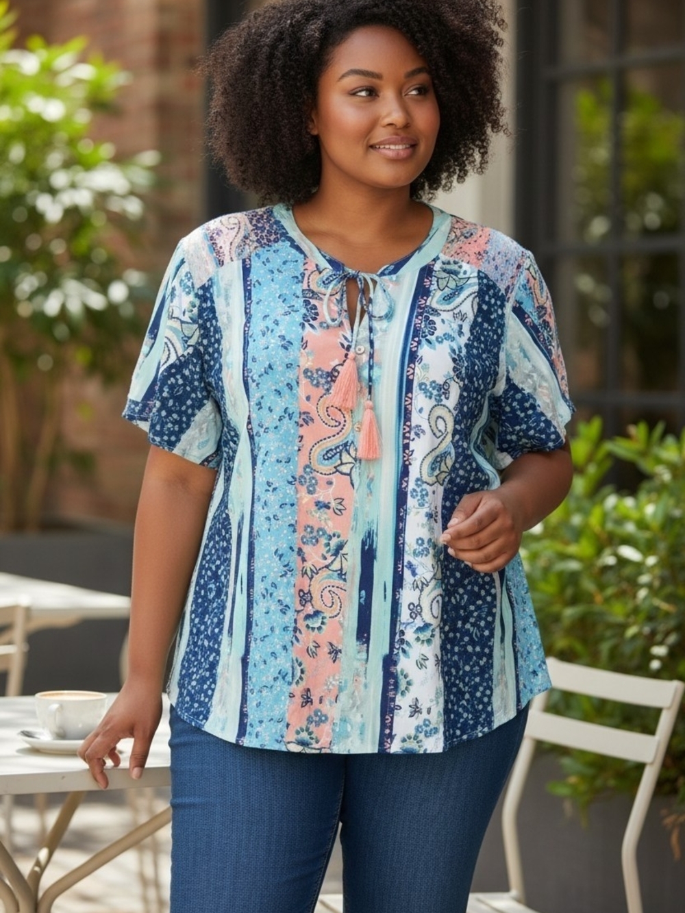 #2 Farmers Market Tie-Neck Patchwork Print Tunic in Blue and Peach